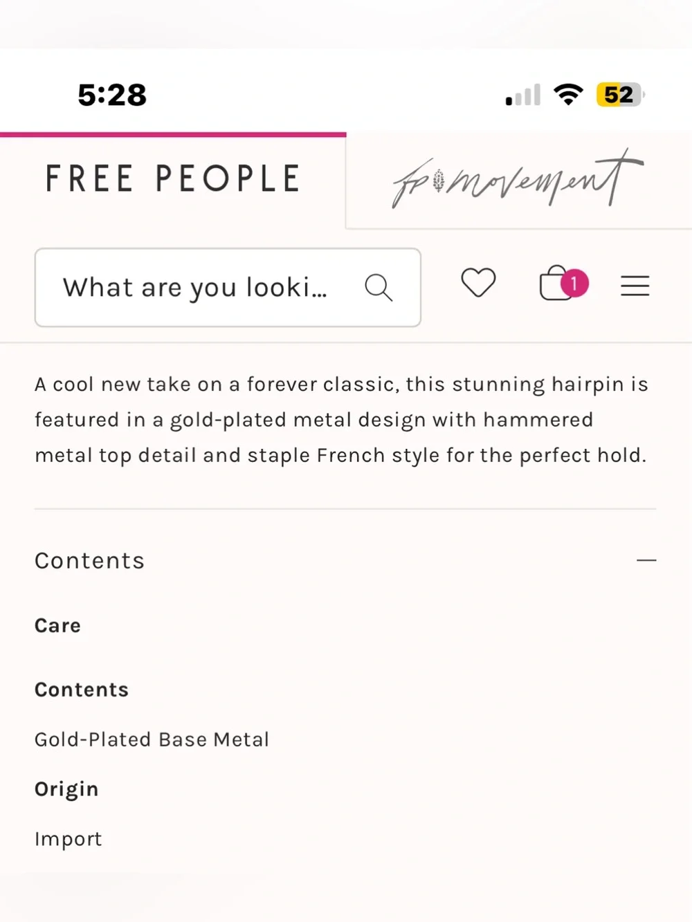NWT FREE PEOPLE Glistening Gold-Plated Hair Pin | Gold Heart MSRP $48
